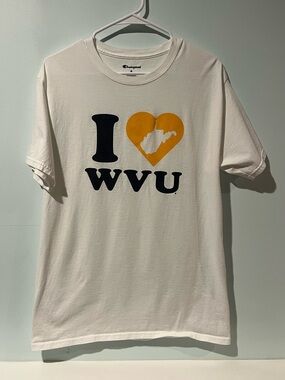 Champion Women’s “I ❤️ WVU” White Tee with Navy WVU Text and Gold Heart, Size M